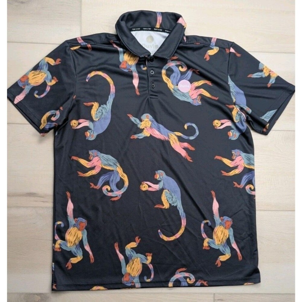 Duvin Have A Day Golf Polo Shirt Monkey‎ Print Mens Large Black Short Sleeve